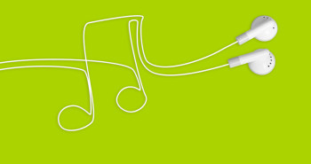 earbuds and music note on green background